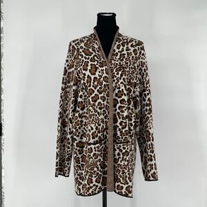 ALISON DALEY Womens Cardigan Sweater 2X Brown Leopard Open Front Pockets Plus